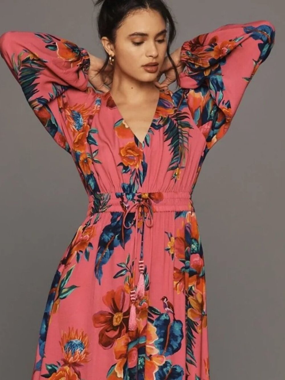 Farm Rio Anthropologie Midi Dress S Long Sleeve Floral Boho Tropical Pink Resort - Picture 2 of 16